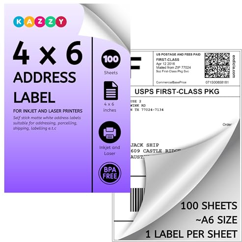 4x6 self Adhesive Address Labels Stickers for Inkjet Printer & Laser | Personalised 6x4 Large Sticky Printer Labels Stickers | Shipping Paper Wine Bottle Labels for Printer |100 Postage Parcel Labels