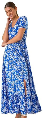 Roman Shirred Empire Waist Dress for Women UK Ladies Midi Maxi Summer Spring Tiered Frill Hem Short Sleeve V Neck Button Through Boho Bohemian Holiday Cruise - Royal Blue Floral - Size 18