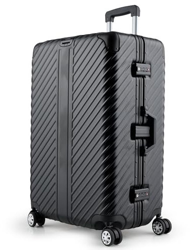 LETTOO 110L Hartschalenkoffer mit Alu-Rahmen | Reisekoffer mit Rollen - Extrem Stabiler Trolley Koffer mit Laptoptaschen-Befestigung [WASSERGESCHÜTZT] mit Eckenschutz (schwarz, Groß 29 Zoll)