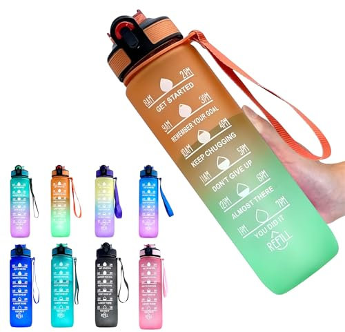 Water Bottle with Straw – Leakproof & BPA-Free | Time Marker for Daily Motivation | Ideal for Gym, Office, Cycling, School, Outdoor Fitness 1Liter (32oz) (Orange-Green)