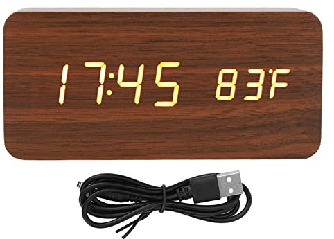 HERCHR Elektrische LED-Uhren aus Holz, Multifunktions-Wecker aus Holz mit Temperatur, Datums anzeige für Nachttisch