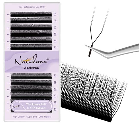 Natuhana 2D UU Extension Cils 0.07mm C/D Curl Forme U Parallèles Volume Russe Faux Cils Professionnel Naturel Premade Fans Préfait Cluster Lash 12 Rows(Noir,0.07C,8-14mm)