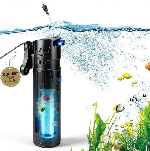 EXLECO Filtro Acuario 4 en 1 para Pecera, Depuradora con Lámpara UV 7W y Purificador 700 L/h 18w, con Bomba, Skimmer, Esponja y Medios, Ideal para Peceras 150-300L, Tortuguera para Tortugas de Agua