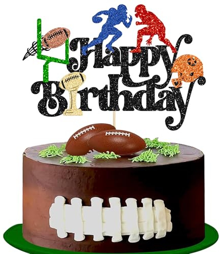 Gyufise 1Pc Happy Birthday Football Cake Topper American Football Cake Decorations for Touchdown Sport Lover Man Boy Birthday Rugby Party Decorations Supplies Black