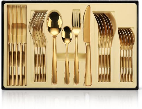 SHEUMNT Service de couverts doré, 24 pièces en acier inoxydable poli miroir, pour 6 personnes, idéal pour la maison et les restaurants, avec coffret cadeau.