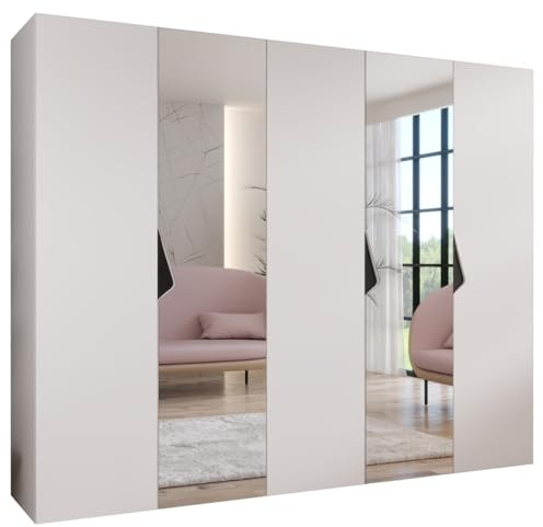 MEBLE KRYSPOL - Kleiderschrank - Garderobenschrank - 250 cm x 202 x 52 cm - Schrank mit Kleiderstange und Spiegel, 5 Türen - für Schlafzimmer, Flur - SANDI, Weiß, Griff Schwarz
