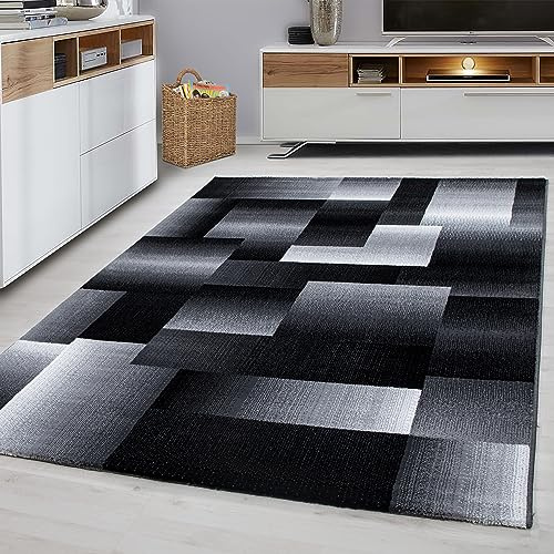 KADIMA DESIGN Teppich Kurzflor Karo Abstrakt Modern Pflegeleicht Waschbar Strapazierfähig Langlebig Schwarz 160x230 cm Wohnzimmer Esszimmer Fußbodenheizung geeignet | Aspen