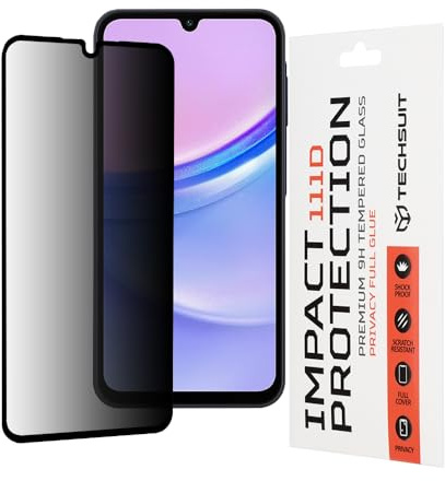 Techsuit Sichtschutzfolie für Samsung Galaxy A15 4G, A15 5G, M15 Gehärtetes Glas mit 9H Härte, Vollständige Abdeckung, Stoßschutz, Anti Fingerabdruck, Blasenfrei, 111D Privacy Full Glue