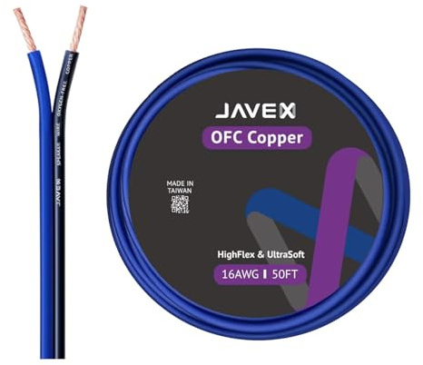 JAVEX Speaker Wire 16-Gauge AWG [0.16mm Strands Oxygen-Free Copper 99.9%] Stranded Copper, Blue/Black, Cable for Hi-Fi Systems, Amplifiers, AV receivers and Car Audio Systems, 50FT [15.25M]