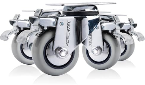 POWERTEC 17208 3 Inch Heavy Duty Dual Locking Swivel Plate Caster Wheels with 880 lbs Total Loads, Industrial Castor Wheels for Workbench, Dolly, Cart & Furniture, Set of 4