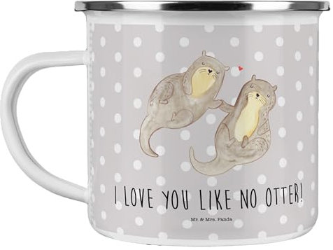 Mr. & Mrs. Panda Camping Emaille Tasse Otter Hände halten - Geschenk, Campingbecher, Emaille Tassen, Liebe, Emaille Becher Camping, Händchen halten,