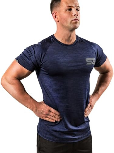 Satire Gym - Sportshirt Herren Kurzarm - Sport Shirt Männer - Slim Fit T-Shirt als Activewear Funktionsshirt für Fitness, Laufen, Bodybuilding (Navy Blue Meliert, XXL)
