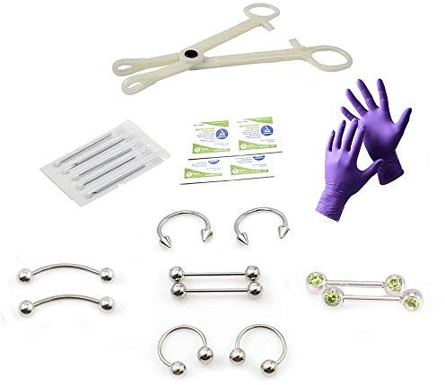 Nipple piercing Kit 16g Disposable Forceps, Gloves, Alcohol Pads, Needles and Jewelry Surgical Steel