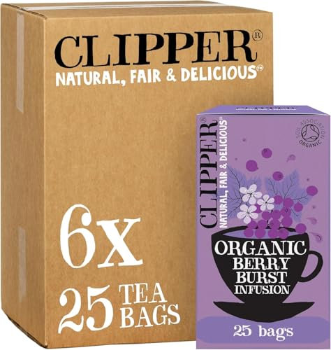 Clipper Organic Berry Burst Tea Bags | 150 Infusion Blackcurrant & Mix Fruit Teabag Sachets (6x Boxes of 25) | Bulk Buy, Home & Catering | Caffeine-Free Herbal Tea | Natural, Unbleached, Biodegradable
