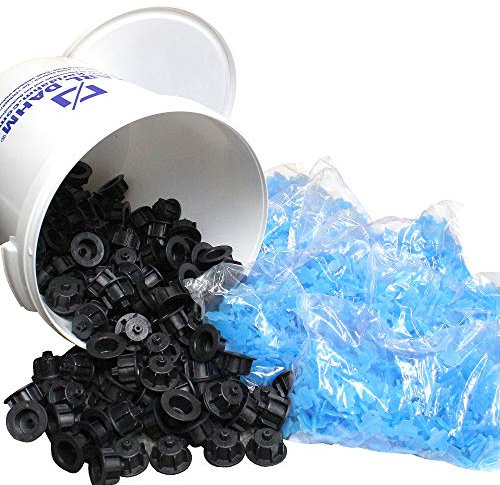 Karl Dahm Fliesen Nivelliersystem Levelmac Maxi-Set für 3 mm Fugen: 150 schwarze Zughauben für Fliesenstärke 3-12 mm + 1500 Basis-Gewindelaschen + Eimer I Professionelle Fliesen Verlegehilfe – 12513