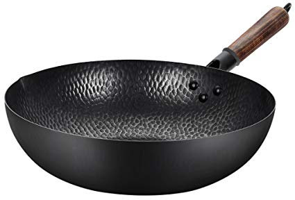 COOKER KING Traditioneller Karbonstahl, handbatteriebetrieben, Holzgriff, leicht, geeignet für alle Herdplatten, handbatteriebetriebene Woks und Bratpfanne, 32 cm (CG32QC)
