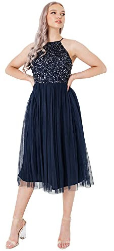 Maya Deluxe Damen Maya Deluxe Women's Midi for Wedding Guest Evening Dresses Elegant Wedding Cocktail Bridesmaid Dress, Navy, 36 EU