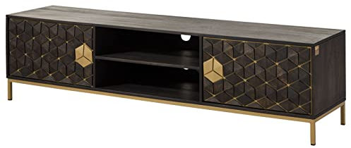 MASSIVMOEBEL24.DE Diamond TV-Board Mango 190 cm, grau geöltes Massivholz, massives Lowboard mit 2 Kabelführungen, 2 Türen, 2 offenen Fächern, Push-to-Open Technik, goldene Ornamente und Eisengestell