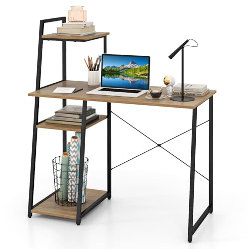 CASART Wooden Computer Desk, 4 Tier Shelves Laptop Table with Foot Pads, Steel Frame Wide Desktop Study Writing Desks for Home Office (Natural + Black)