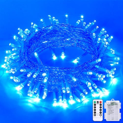 JMEXSUSS 33ft 100 LED Blue Christmas Tree Lights, Battery Operated Christmas Lights with 8 Modes Remote Waterproof Outdoor Indoor for Christmas Outside Decoration
