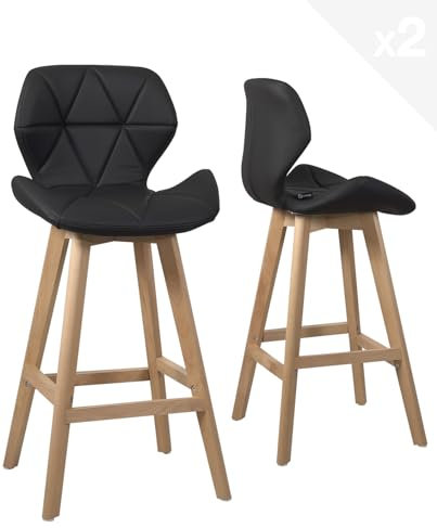KAYELLES Lot de 2 chaises de Bar scandinave, siège Design Simili Cuir matelassé et rembourré avec Dossier, Hauteur d'assise 67 cm, Pieds Bois de hêtre FATA (Noir)
