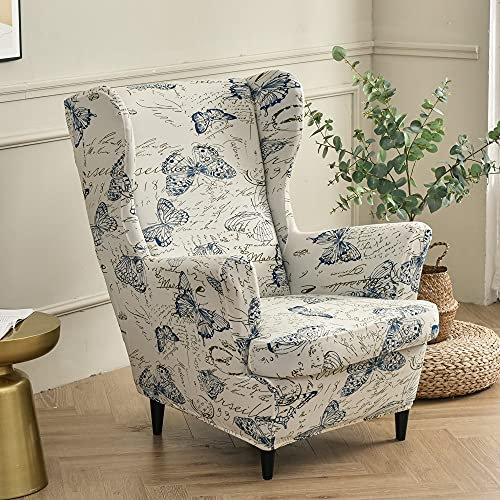 Highdi 2 Teilig Ohrensessel Überzug, Sessel-Überwürfe Ohrensessel Schonbezüge Bezug Sesselhusse Elastisch Stretch Tiger Stuhlbezug mit Armlehne Hohe Rückenlehne Universal (Schmetterlingsexemplar)