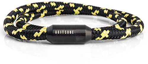 Akitsune Mare Segeltau Nylonarmband | 5 mm breit | Magnetischer Kapselverschluss Doppelt Gewickelt Damen Herren Maritim - Mattschwarz-Schwarz-Gelb 43 cm