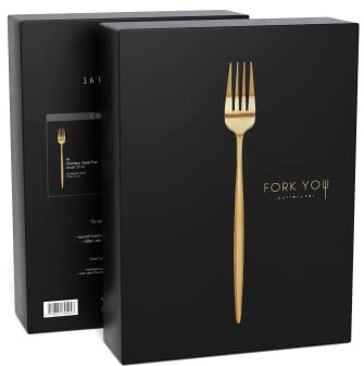 FORK YOU Besteck Set Gold Matt (16-teilig), rostfreier Edelstahl, Tafelbesteck für 4 Personen, spülmaschinenfest, Geschenk Set in hochwertiger Geschenkbox