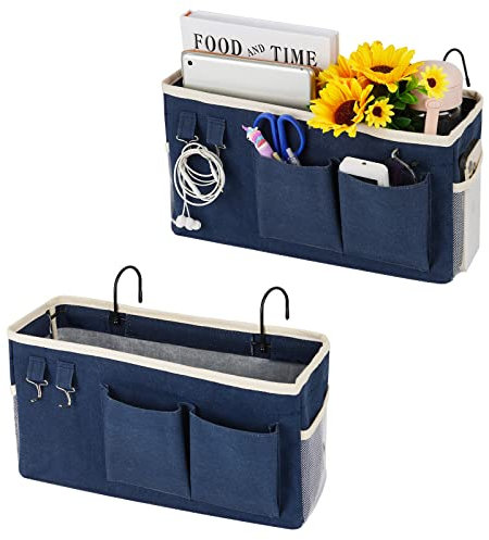 Fittoway Betttasche Bett Organizer Hängetasche Hochbett Aufbewahrungstasche für Buch, Magazin, Spielzeug, Handy, Kopfhörer (2Pcs Navy blau)