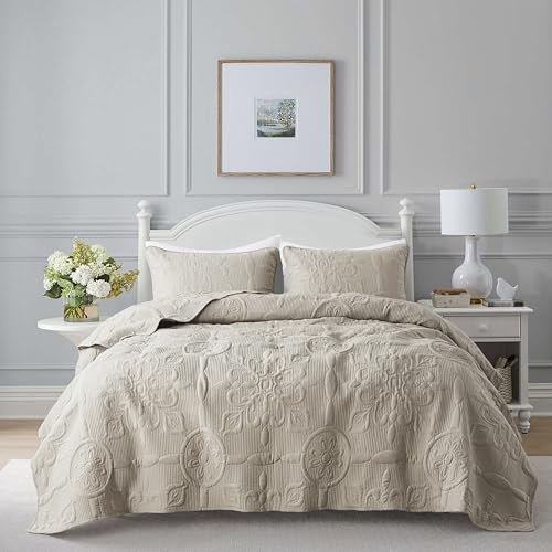 Damast-Steppdecke, King-Size-Bettwäsche-Sets mit Kissenbezügen, Boho, leicht, weich, Beige, Gesteppte Decke, dünne Steppdecke, Bettbezug für alle Jahreszeiten, Frühling, 3-teilig, 264.2x228.6 cm