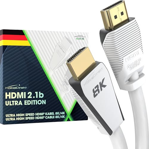 KabelDirekt – Cable HDMI 2.1 8K, edición Gamer certificada – 3m (8K@60Hz, Ultra High Speed/48G para 10K, 8K o ultra rápido 144Hz a 4K, óptimo para PS5/XBO y PC Gaming, Monitor/TV, blanco)