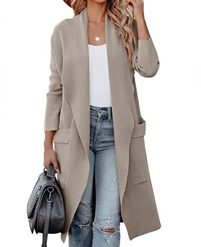 kinstell Women's Casual Long Sleeve Open Front Knit Draped Long Cardigan Jackets Sweater Coat Blazer with Pockets Khaki