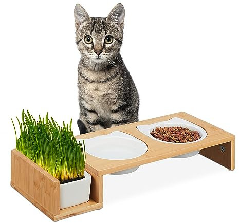 Relaxdays Katzen Futterstation mit Katzengras Schale, 2 Keramiknäpfe je 400 ml, spülmaschinenfest, Katzenbar, Natur/weiß