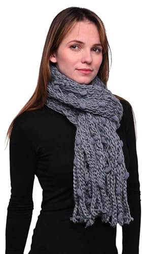 Basic Sense Grobstrick Schal Warme Winterschals mit Bommel, grau, One size