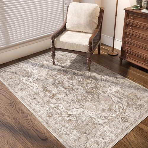 TOPICK Area Teppich 90x150cm Braun Wohnzimmerteppich Vintage Multi Blumendruck rutschfest Dünner Waschbar Teppich Bodenbelag Faltbar für Innenbereich Büro Schlafzimmer Küche