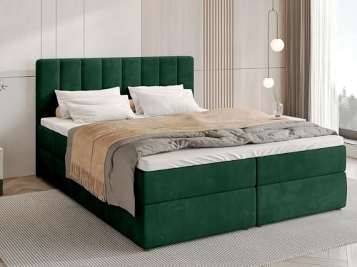 BROMARKT Boxspringbett mit Bettkasten Polsterbett mit Bonell-Matratze und Topper Doppelbett mit Stauraum Bett für Schlafzimmer gepolstertes Kopfteil Denver 180x200 Härtegrad H3 Samtstoff Grün