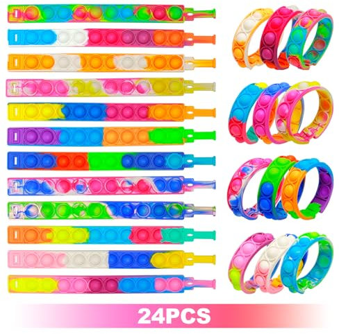 24 Stück Pop It Armbänder Anti-Stress-Spielzeug Kinder Armband aus weichem Silikon, mehrfarbig, Push Bubble Armband, sensorisches Spielzeug für Kinder, Geburtstag, Geschenke