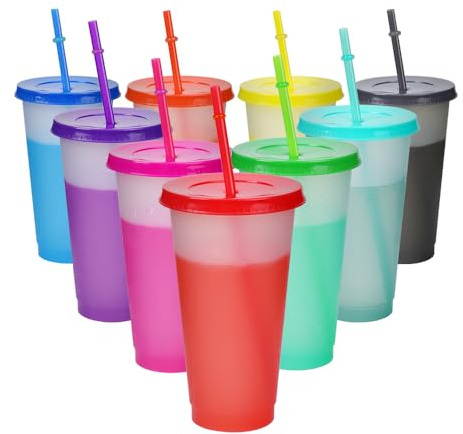 ZoneYan 9 Stück Trinkbecher mit Strohhalm und Deckel, 16oz Farbwechsel Becher, Plastikbecher Kinder Erwachsene, Kunststoffbecher Mehrweg, To Go Reisebecher Tasse für Kaffee Smoothie Saft