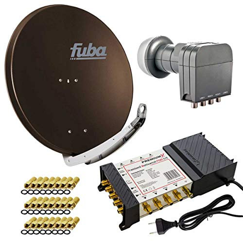 Fuba DAA 850 B Sat Anlage Aluminium Satellitenschüssel Braun mit PremiumX Multischalter 5/8 Switch und Quattro LNB für 8 Teilnehmer