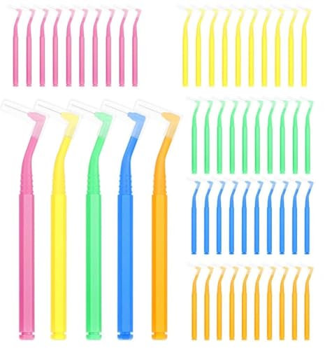50 Stück Interdentalbürsten Bunt, 5 Größen (0.66-1.55mm) Angle Zahnzwischenraumbürsten, Dentalbürsten für Zahnspangen Reinigen