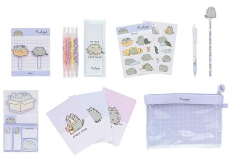 Grupo Erik Schreibwaren Set Pusheen Cat Kugelschreiber Bleistift mit Radiergummi - Federmäppchen Groß - Büroklammern - 4 Textmarker - Notizzettel Klebend Pusheen Fanartikel Kawaii Schulsachen