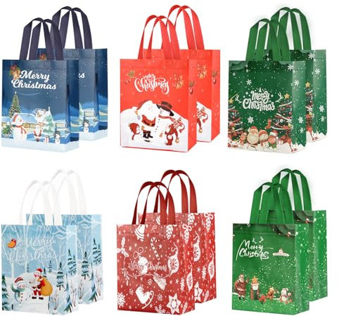 BOENFU Geschenktüten Weihnachten, 12 Stück Non Woven Weihnachtstaschen Weihnachtstüten mit Griffen, Wiederverwendbare Weihnachts Geschenktüten, Weihnachtsgeschenktüten für Xmas Party