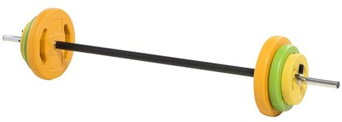 HOMCOM Set di Bilanciere e Dischi da 20 kg totali con 6 Pesi e 2 Clip di Fissaggio, Bilanciere Palestra Regolabile Antiscivolo in Metallo, PU e Sabbia, Barra Ø25 mm, 130x28x28 cm, Multicolore