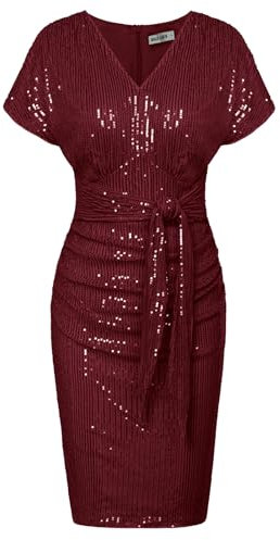 GRACE KARIN V-Ausschnitt, weinrot, glitzernd Kleid, figurbetontes Bleistiftkleid mit Hüftwickel für Damen, Abendkleid, Weinrot L