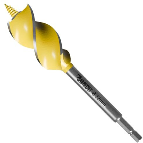 1 x SabreCut SCAG032 32mm x 165mm Wood Auger Quad Flute Self Feed Tip Grooved Hex Shank Drill Bit for High Speed Drilling in Wood and MDF