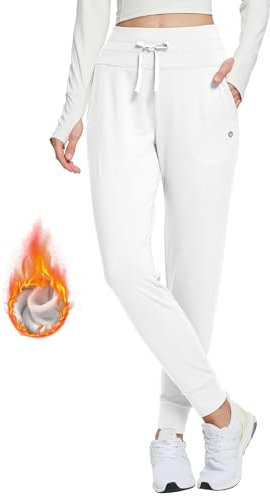 baleaf Women's Fleece Lined Joggers High Waisted Water Resistant Thermal Winter Trousers Running Yoga Pants White L