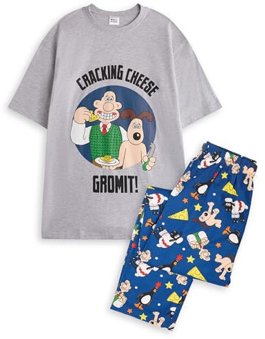 Wallace and Gromit Mens Pyjama Set | Cracking Cheese Adults Classic Logo Short Sleeve Top & All Over Print Graphic Loungewear Bottoms in Grey & Navy | Classic Movie Comedy Series Merchandise Gift