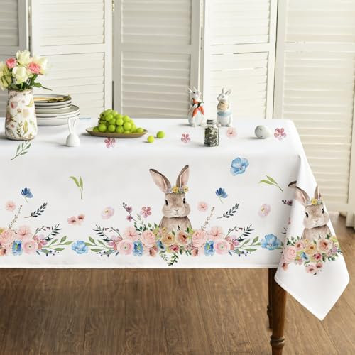 Artoid Mode Hase Blumen Blätter Ostern Tischdecke 140x200 cm, Saisonnal Frühling Fleckschutz Tischwäsche Küche Dekoration Party Dekor