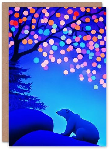 Wee Blue Coo Greeting Card Polar Bear Colourful Fairy Lights Tree at Night Blank For Him Or Her Art Xmas Christmas Card