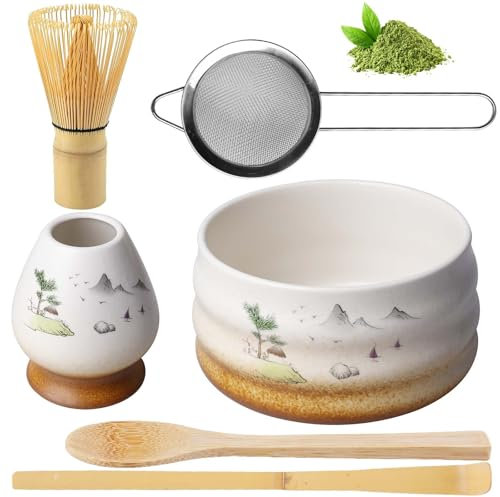 Lot de 6 balais à matcha comprenant un fouet à matcha, un bol, une cuillère, une passoire et un porte-fouet, en céramique - Set à thé japonais - Kit de matcha manuel pour les amateurs de thé